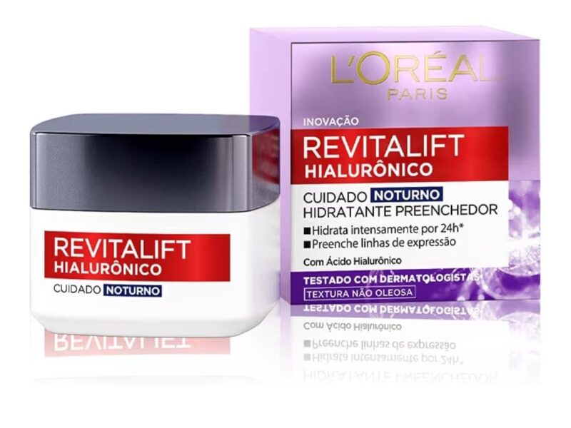 L’Oréal Paris Revitalift Hialurônico Creme Facial Noturno, com Ácido Hialurônico Puro, Com textura leve, preenche linhas de expressão e hidrata a pele intensamente por 24h, 49g