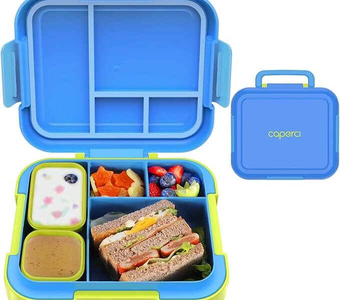 Lancheira Caperci Bento para crianças – Recipiente grande de 4,8 xícaras com 2 recipientes modulares – 4 compartimentos, à prova de vazamento, alça portátil, pode ir ao micro-ondas/lava-louças (azul