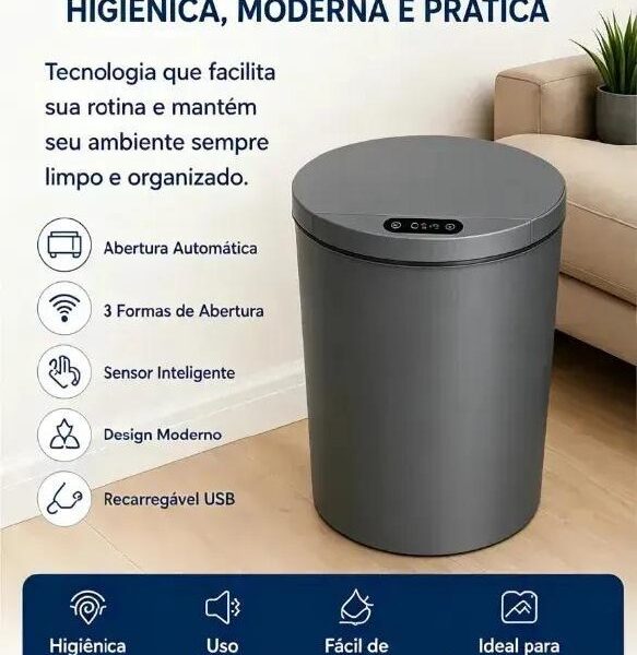 Lixeira Inteligente 16 Litros Com Sensor Automático Para Banheiro e Cozinha Cinza –