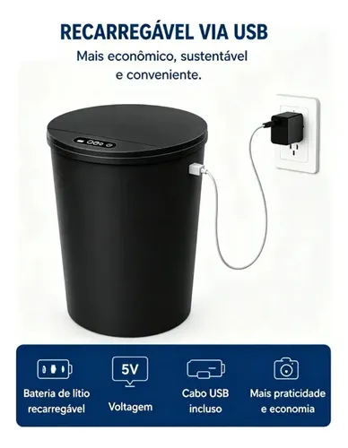 Lixeira Inteligente Automática com Sensor para Cozinha e Banheiro, 16 Litros Preto –