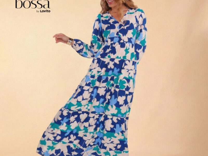 Lovito Bossa Vestido Longo Feminino em Viscose Manga Longa Estampado DRB16621692