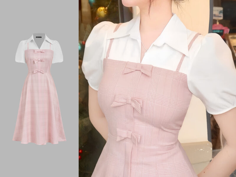 Lovito Tecido de Vestido Casual Costura Pregueada Laço Frontal Vestido Rosa Primavera/verão para mulheres L177ED267