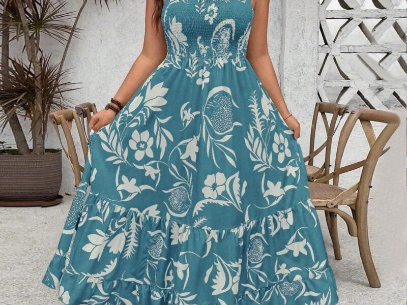 Lovito Vestido Boho Curva Plus Size Floral Smocked Alface Guarnição Vestido De Verão/Primavera Para Mulheres LBL19573