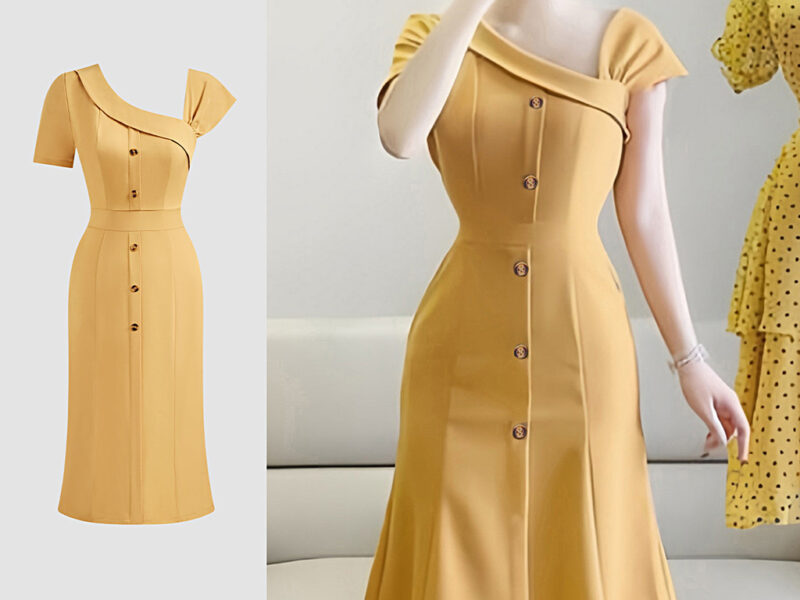 Lovito Vestido Casual Liso Assimétrico para Mulheres Amarelo Ajuste Justo L128ED405