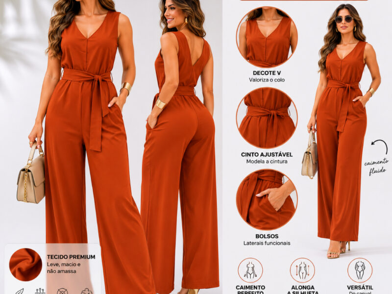 Macacão Feminino Alfaiataria Elegante Pantalona Longa Com Cinto Social
