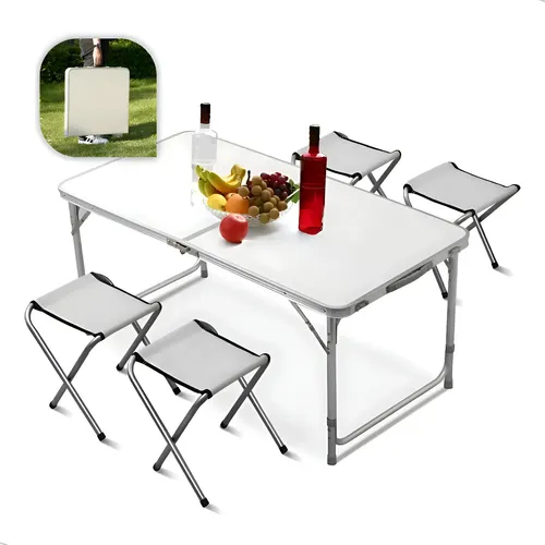 Mesa Dobravel Portatil Maleta De Camping 120×60 4 Banquetas Vira Maleta Praia Lazer Aluminio 4 Cadeiras Piquenique –