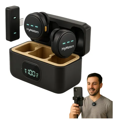 Microfone Lapela Redondo Imã Sem Fio Tipo C Preto Anti Ruído Duplo MyMotors Para Android E iPhone 15 16 E 17 –