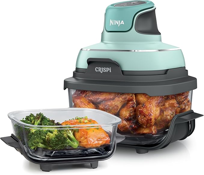 Ninja Sistema de cozimento de fritadeira a ar portátil 4 em 1 Crispi, recipientes de vidro de 4 litros e 6 xícaras com tampas de armazenamento, refeições fáceis, seguro para micro-ondas, freezer e