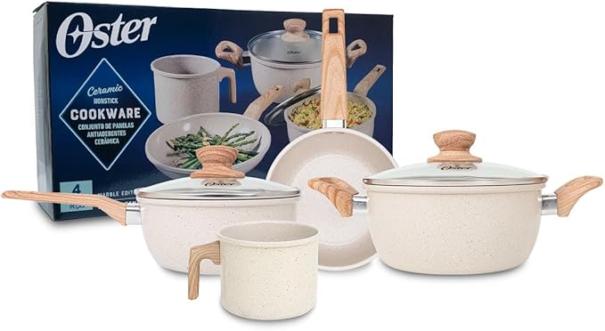 OSTER JOGO DE PANELAS E LEITEIRA MARBLE EDITION CREAM – 4 PEÇAS COM REVESTIMENTO CERÂMICO ANTIADERENTE, ALÇAS EM SILICONE ANTITÉRMICO E BASE COMPATÍVEL COM INDUÇÃO