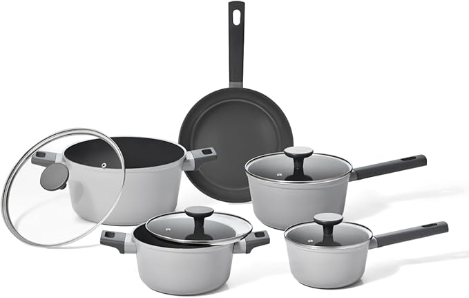 Oikos – Jogo com 5 Panelas Antiaderentes de Revestimento Cerâmico para Fogão por Indução, a Gás, Elétrico e Vitrocerâmico Cor Cinza Mou Trufa