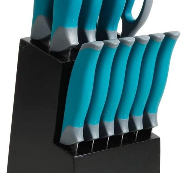 Oster Conjunto de facas Lindbergh, aço inoxidável, 14 peças, azul-petróleo e preto