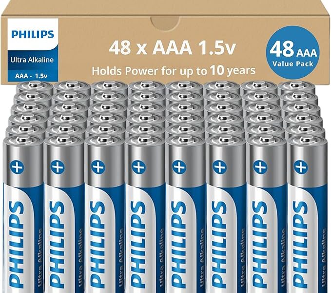 PHILIPS Pacote de 48 pilhas AAA AAA ultra alcalinas, pilhas AAA de 1,5 V, bateria tamanho AAA, potência máxima de longa duração para dispositivos de alta drenagem, vida útil de 10 anos, durável e à
