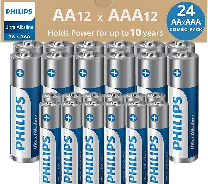 PHILIPS – Pacote combo de 24 pilhas AA e AAA, pacote variado de pilhas ultra alcalinas, pacote com 12 unidades cada, vida útil de 10 anos, potência definitiva de longa duração, embalagem reutilizável