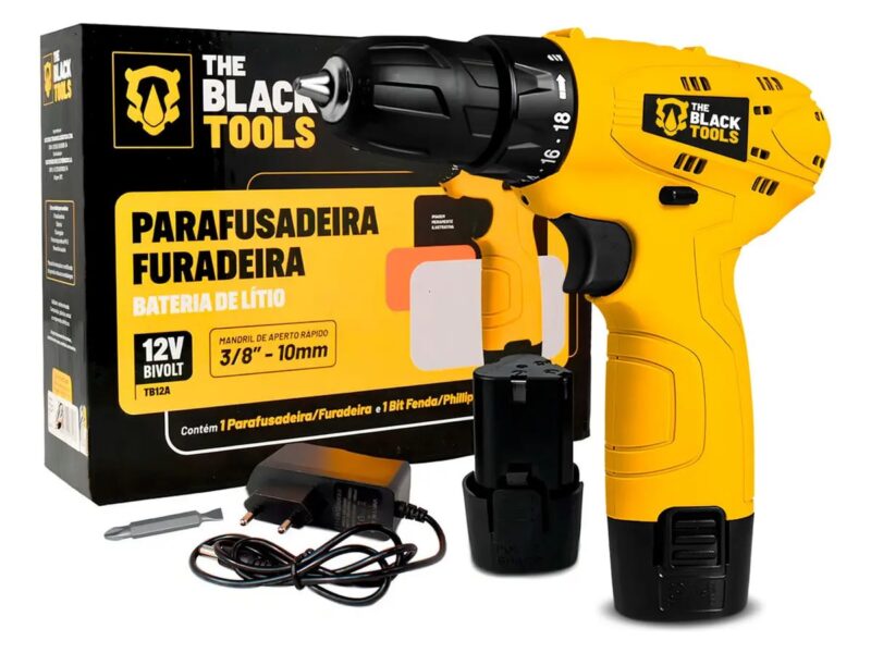 Parafusadeira Furadeira The Black Tools TB12A 3/8 a Bateria Cor Amarelo Frequência 60Hz –