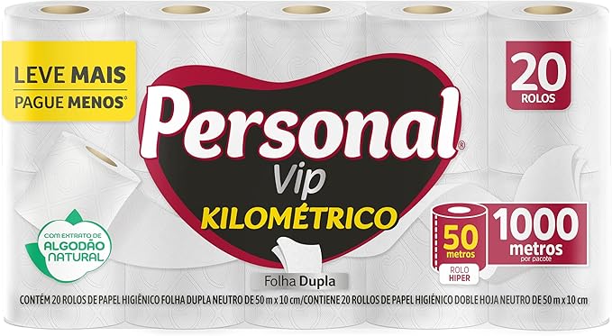 Personal Papel Higiênico Kilométrico Folha Dupla, Com 20 Rolos 50M na Amzn por R$ 51,49