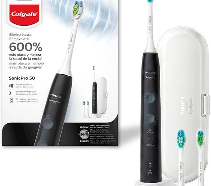 Philips Colgate Escova De Dente Elétrica SonicPro 50, Remove 600% Mais Placa, Gengivas 100% Mais Saudáveis, Recarregável, 3 Cabeças, Estojo De Viagem, Bivolt