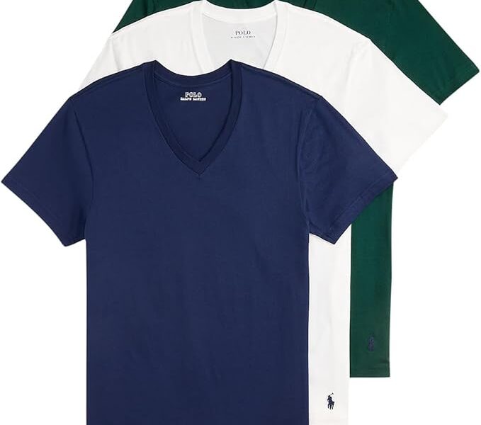 Polo Ralph Lauren Camiseta masculina clássica de algodão gola V pacote com 3