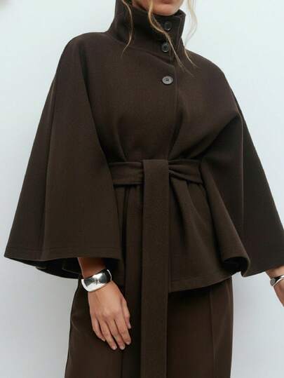 Poncho Elegante de Cor Sólida com Capuz e Cinto para Mulheres, Outono/Inverno
