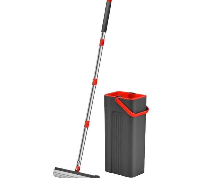 Powermaid Mop Esponja Pro Com Balde, Vermelho e Preto, Cabo Aço Inox 125cm, Manual, Sistema Lava e Seca, 2 Compartimentos, Esponja PVA de Alta Absorção