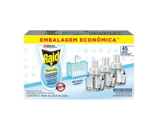 Raid Repelente Eletrico Líquido Family, 45 Noites de Proteção, 3 Refis de 32,9ml