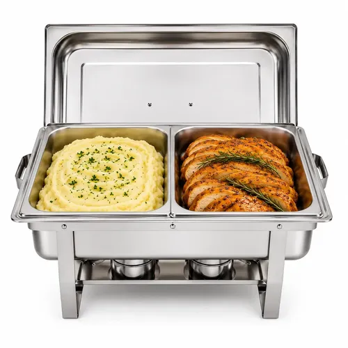 Rechaud Retangular 11 Litros Buffet Inox 2 Cubas Banho Maria Tampa Removível 1/2 Panelas Cuba Buffet Marca Usd