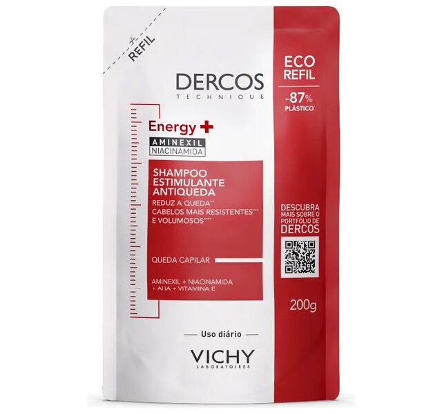 Refil Shampoo Estimulante Tratamento Antiqueda Energy+ para Cabelos Fracos e Quebradiços, Fortalece os Fios com Aminexil, AHA, Niacinamida e Vitamina E, Dercos Vichy 200g –