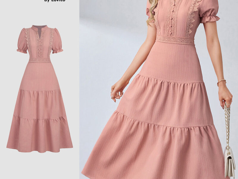 (Refine by Lovito) Vestido Elegante com Renda e Fecho em Corderosa para a primavera/verão LR35L019