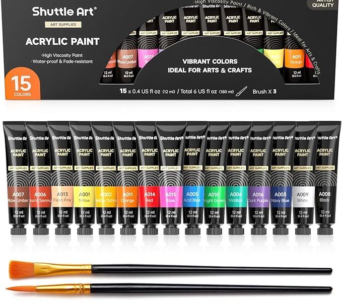 Shuttle Art Conjunto de tinta acrílica, tubos de 15 x 12 ml, pigmentos ricos não tóxicos, cores perfeitas para crianças, adultos, iniciantes, artistas pintando em tela, tecido de argila de madeira,