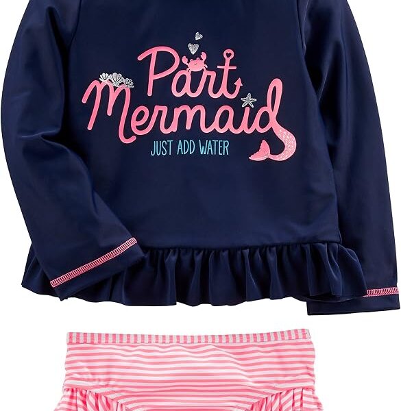 Simple Joys by Carter’s Conjuntos Rashguard sortidos de 2 peças para meninas, Sereia azul marinho/listras rosa, 3-6 Meses