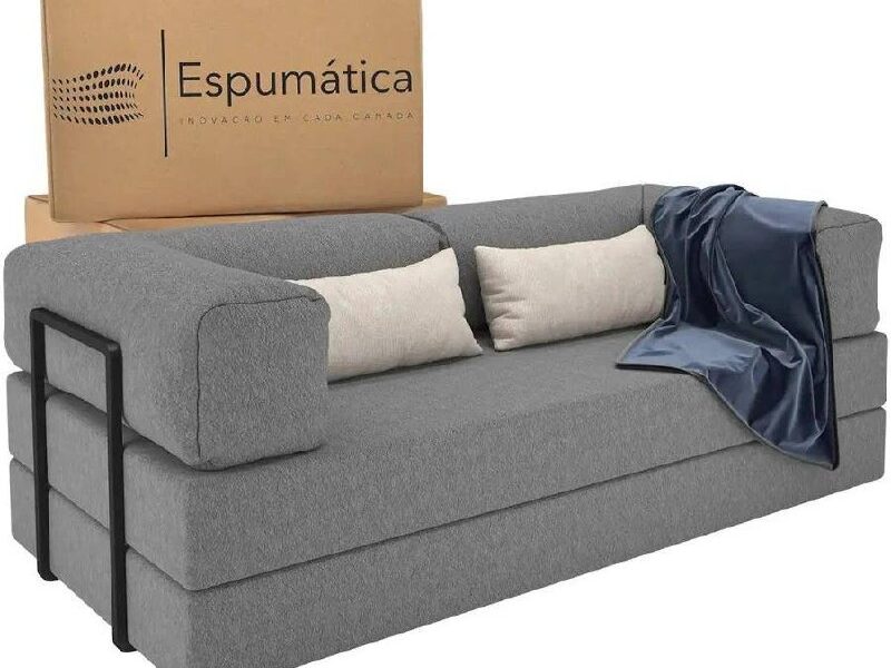 Sofá Cama Casal 2 Em 1 Puff Pufe Na Caixa Industrial Moderno Cor Cinza –