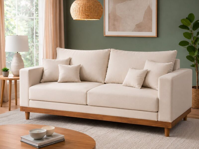 Sofá Living 3 Lugares Suede Resistente Madeira + Almofadas –