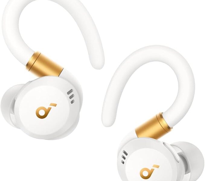 Soundcore Sport X20 da Anker Fone de Ouvido Bluetooth 5.3 Sem Fio para Treinos, Ganchos Ajustáveis, Graves Intensos, IP68, À Prova de Suor e Poeira, 48H de Reprodução, Fones para Academia, Branco