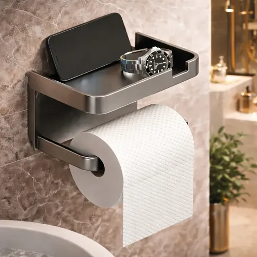 Suporte Papel Higiênico Adesivo De Parede Com Prateleira Porta Celular Sem Furo Ligeiro Cinza –