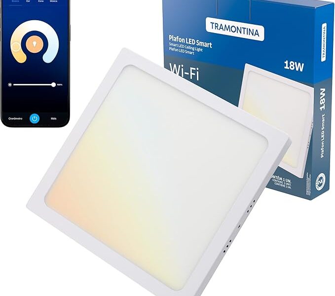 Tramontina Plafon Smart​ LED Quadrado de Sobrepor 18W Inteligente Wi-Fi + Bluetooth​ e função de geolocalização – Compatível com Alexa e Google Assistente