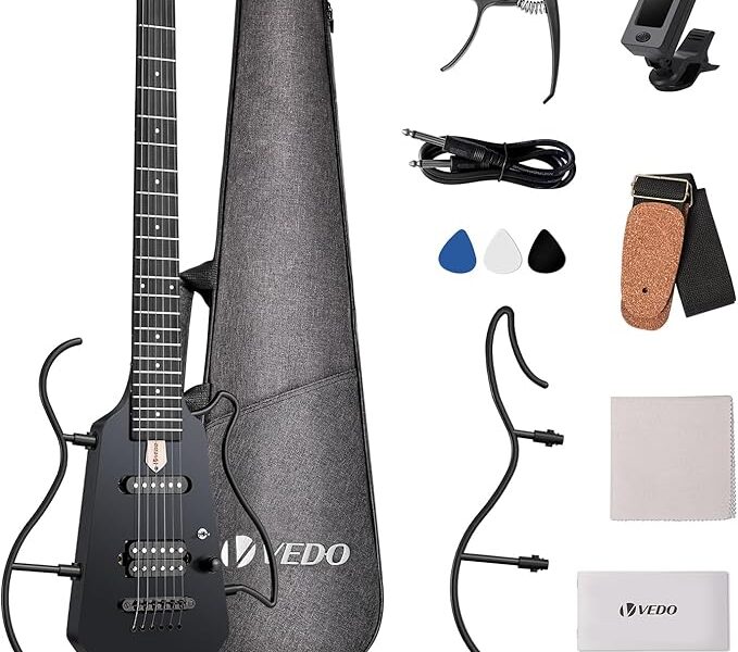 VEDO Guitarra Elétrica Silenciosa Portátil Sem Cabeça Hush X – Kit Completo para Viagem com Estojo, Suporte e Bateria Recarregável 50h, Design Ergonômico Leve (2kg) e Afinação Estável (Preto)