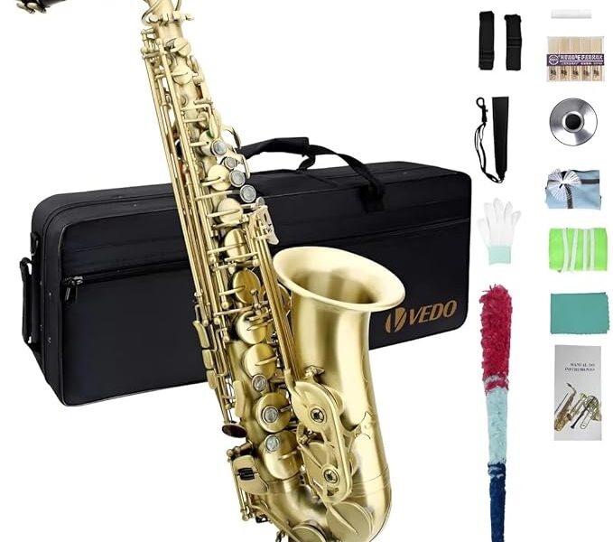 VEDO Saxofone alto em Mi, cobre, bronze antigo, laca, nível profissional, iniciantes e estudantes, laca dourada antiderrapante, chaves em madrepérola e conjunto completo de acessórios
