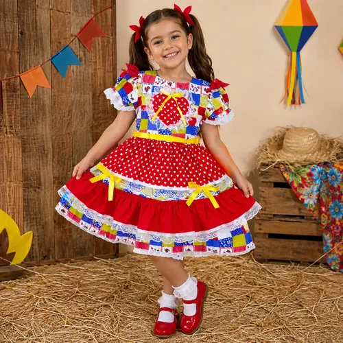 Vestido Festa Junina Infantil Xadrez Laços Rodado Babadinho –