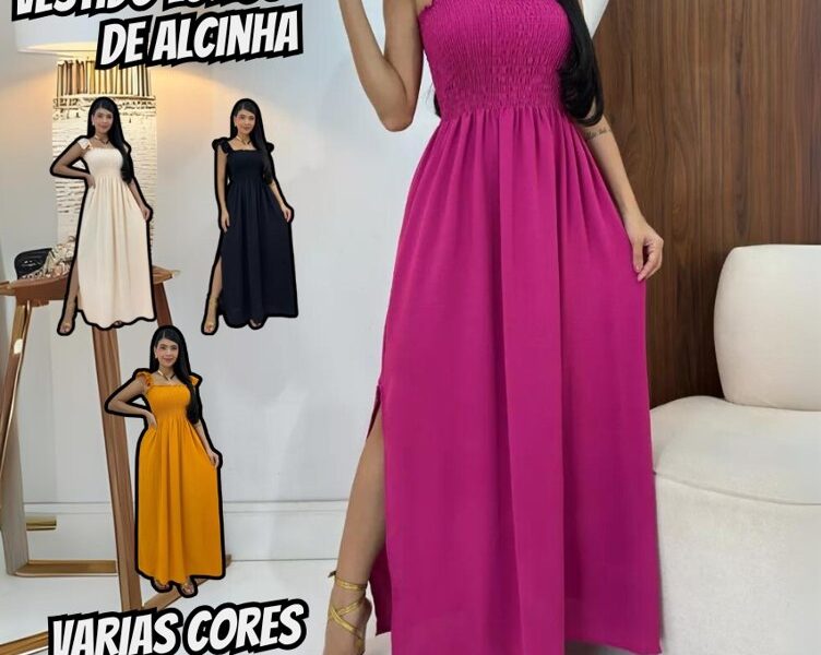 Vestido Longo Feminino Casual Lastex Alcinha Fenda Barato –