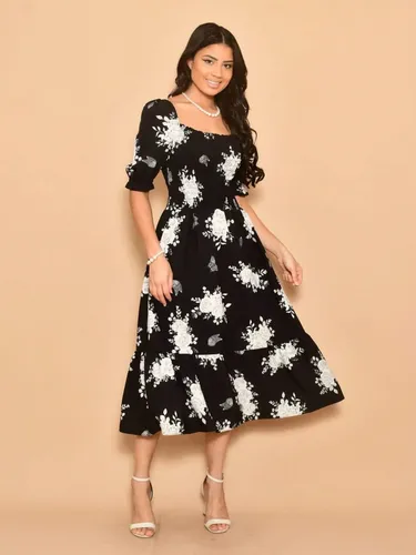 Vestido Midi Estampado Crepinho Lastex Manga Curto –