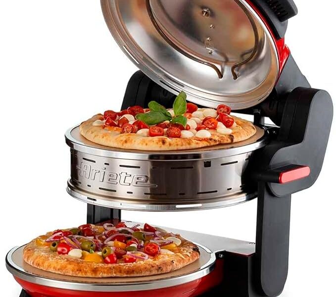 Ariete – Forno de pizza duplo 927 Vermelho, com 2 placas refratárias antiaderentes de 32 cm, 5 níveis de temperatura independentes – máximo de 400 °C, 2 espátulas em aço inox, 2100 W – 220V