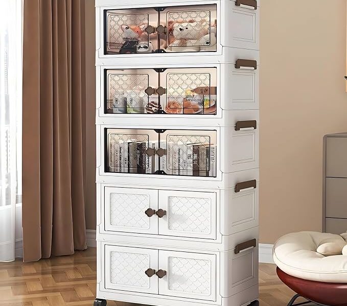 BEMMY Armário Multiuso Caixa Armazenamento Dobrável Rodinha,Armário Organizador Grande Dobrável de 5 Níveis 131.5 * 55 * 28CM