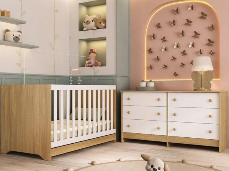Berço Americano 3 em 1 com Colchão Incluso e Cômoda Caramelo Multimóveis Mp4678 Madeirado/branco