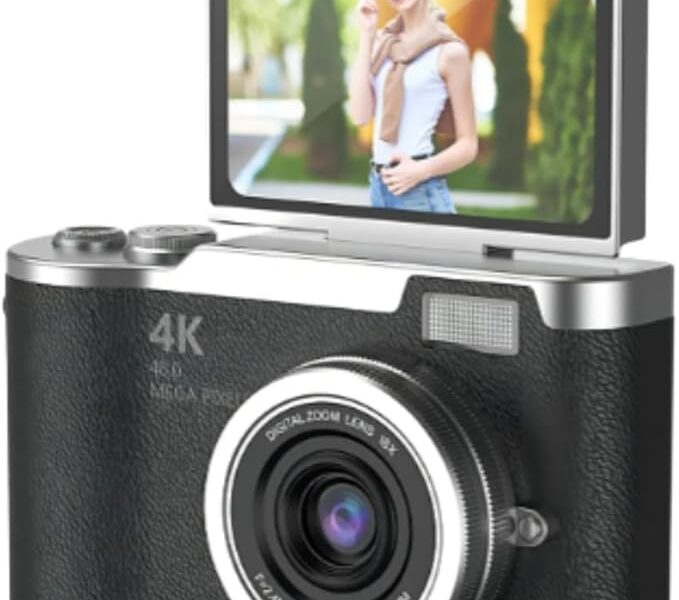 Câmera Digital 4K Ultra HD 48MP com Tela LCD Giratória 180°, Zoom Digital 8X, Flash LED, Bateria Recarregável – Ideal para Vlog, Selfie, Viagem e Iniciantes
