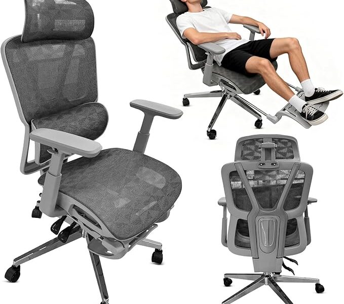 Cadeira de Escritório com Descanso para os Pés, Cadeira Ergonômica com Encosto de Cabeça 3D, Cadeira Gamer com Encosto Ajustável e Apoio de Braço 4D, Cadeira Mesh, Cinza Textura triangular