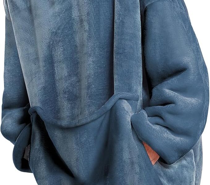 Cobertor vestível com capuz, cobertor de moletom de lã de ovelha grande com bolso e mangas, cobertor com capuz quente aconchegante para adultos