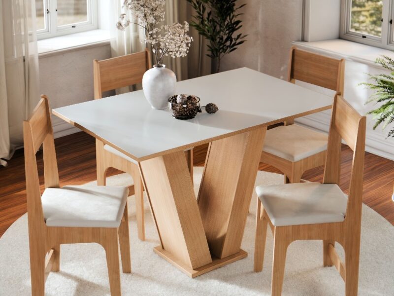 Conjunto Sala de Jantar 4 Lugares Cadeiras Estofadas Mesa Vivi Para Cozinha Tampo Semelhante Vidro