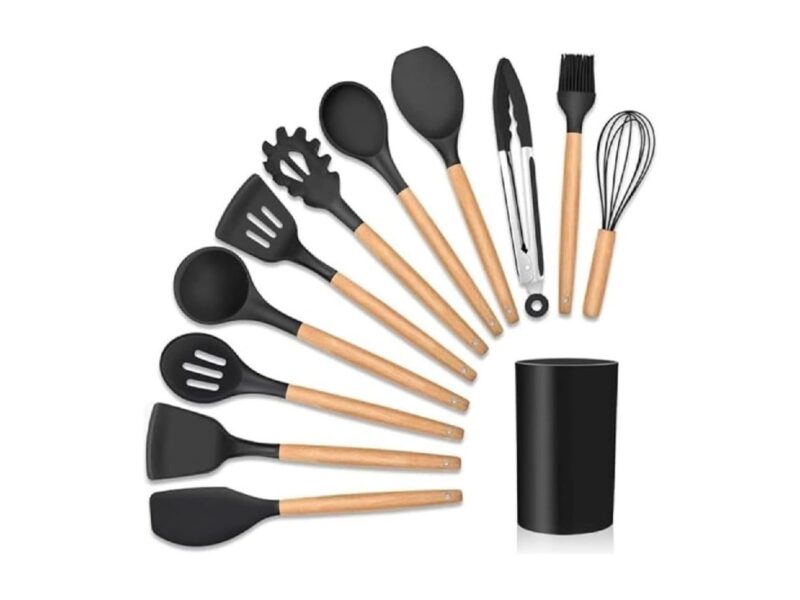 Conjunto Utensílios Cozinha em Silicone Kit 12 Peças Compacto Leve Premium Antiaderente Espátula Colher Concha Design Duráveis Confeitar Organizar Cozinhar Resistentes Altas Temperaturas Na Cor Preto
