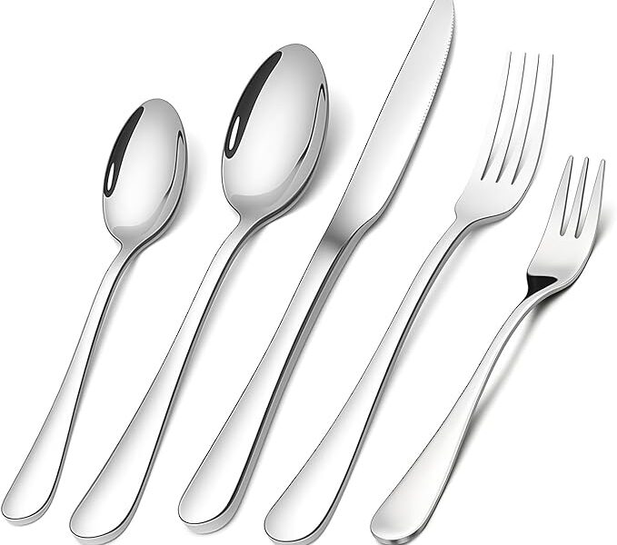 Conjunto de Talheres 30 Peças Aço Inoxidável Premium – 6 Facas, 6 Garfos, 6 Colheres, 6 Garfos Salada, 6 Colheres Chá – Presente Elegante para Casa/Restaurante- Dishwasher Safe (prata)