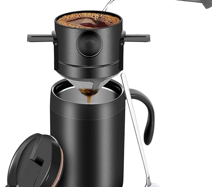 Conjunto de cafeteira portátil pour-over de aço inoxidável 304, sistema manual de infusão por gotejamento com filtro removível, kit de café compacto e leve para viagem, acampamento e caminhada