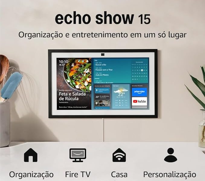 Echo Show 15 (Geração mais recente) | Smart display Full HD de 15,6” com Alexa, experiência Fire TV e controle remoto por voz, com Acesso Antecipado à Alexa+